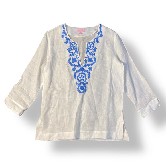 Lilly Pulitzer Tops - Lilly Pulitzer Amelia Island White Blue Linen Tunic Top Size Small Coastal